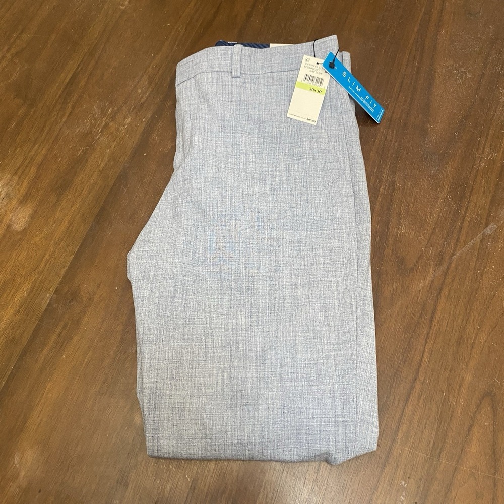 Perry Ellis Portfolio 30x30 Men Pleated Front Cuffed Pants Poly Bay Blue NWT